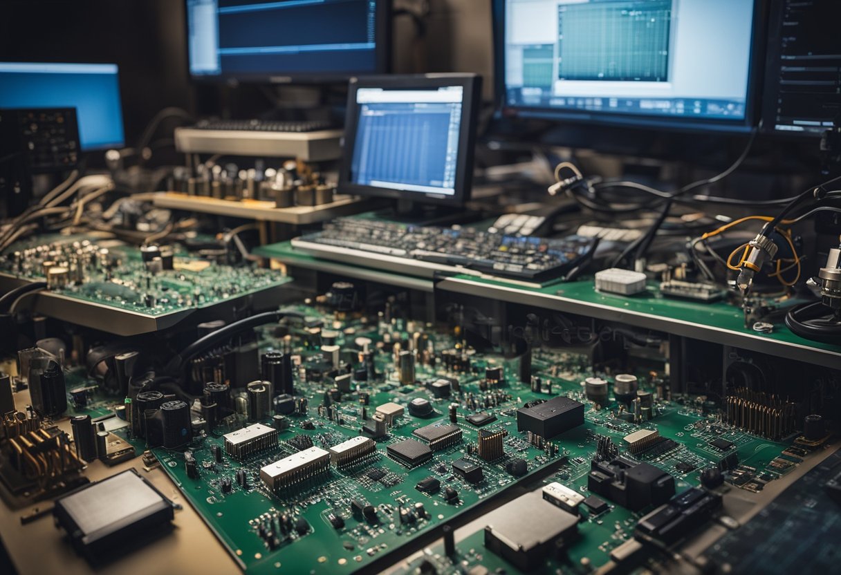 A cluttered workbench with computer parts, circuit boards, and tools scattered about. A computer monitor displays complex hardware schematics