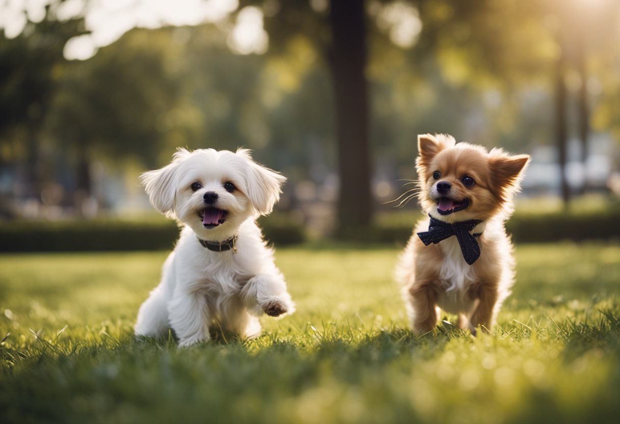 Two small dogs playfully interact in a park, wagging tails and sniffing each other. Their body language shows excitement and curiosity