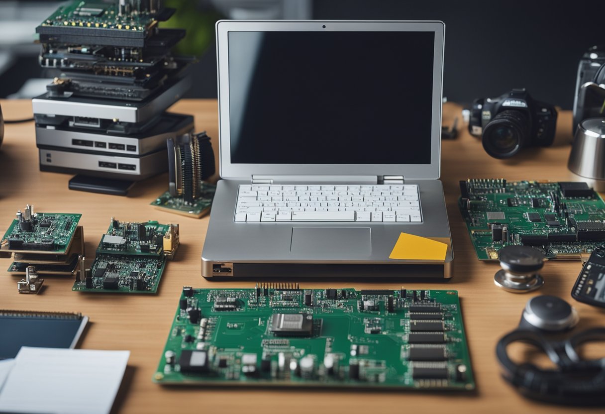 A desk with a computer, circuit boards, and engineering tools. A stack of job listings for hardware engineers