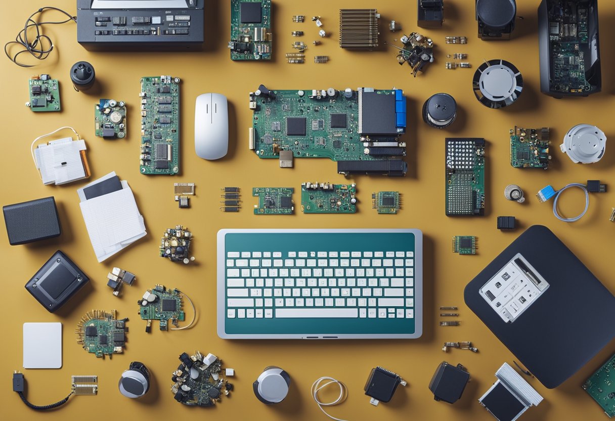 A cluttered desk with computer hardware components scattered around, a job listing for an entry-level hardware engineer, and a FAQ page on computer hardware engineering