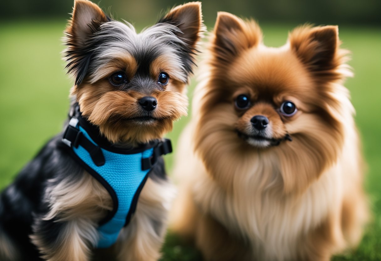 Yorkshire terrier and Pomeranian face off in a playful yet intense stare-down, their small but feisty frames poised for action