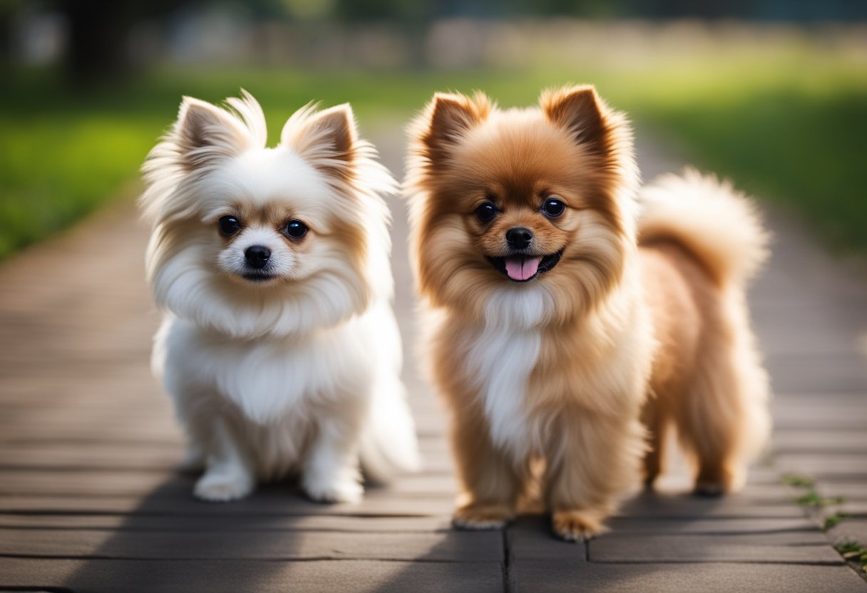 Two small dogs, a Yorkshire Terrier and a Pomeranian, stand facing each other, showcasing their distinct breed characteristics