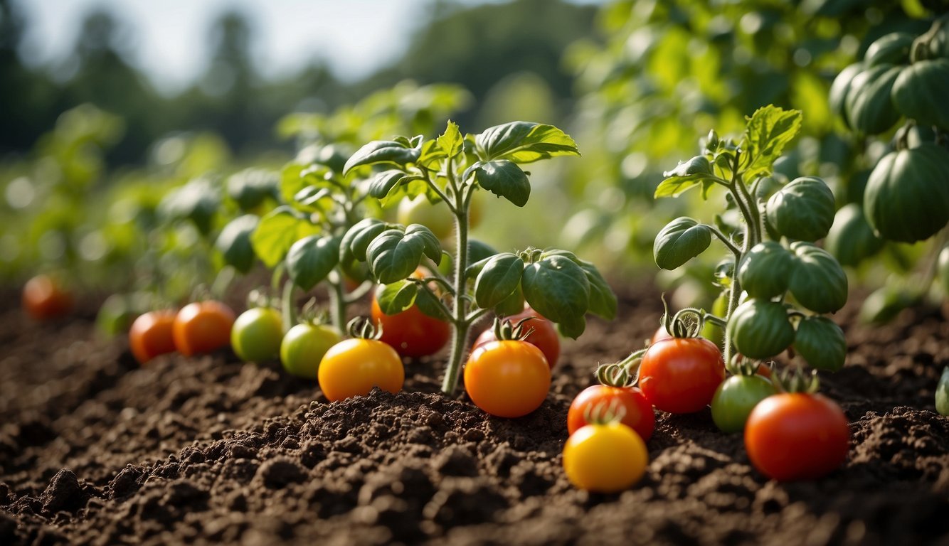 A variety of fertilizers surround a healthy tomato plant. A schedule chart indicates the recommended frequency for fertilizing tomatoes