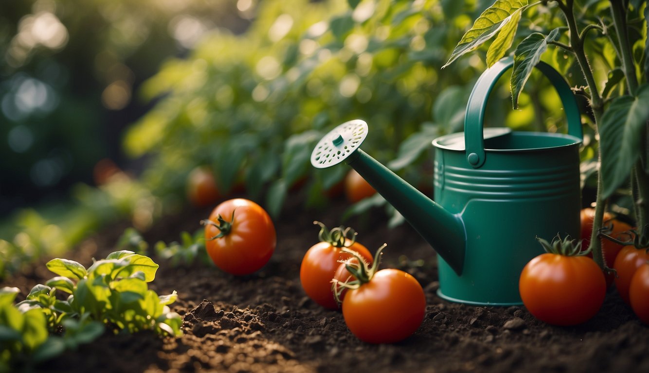 A garden with tomato plants, a bag of tomato fertilizer, and a watering can. The plants are healthy and vibrant, with ripe tomatoes growing on the vines