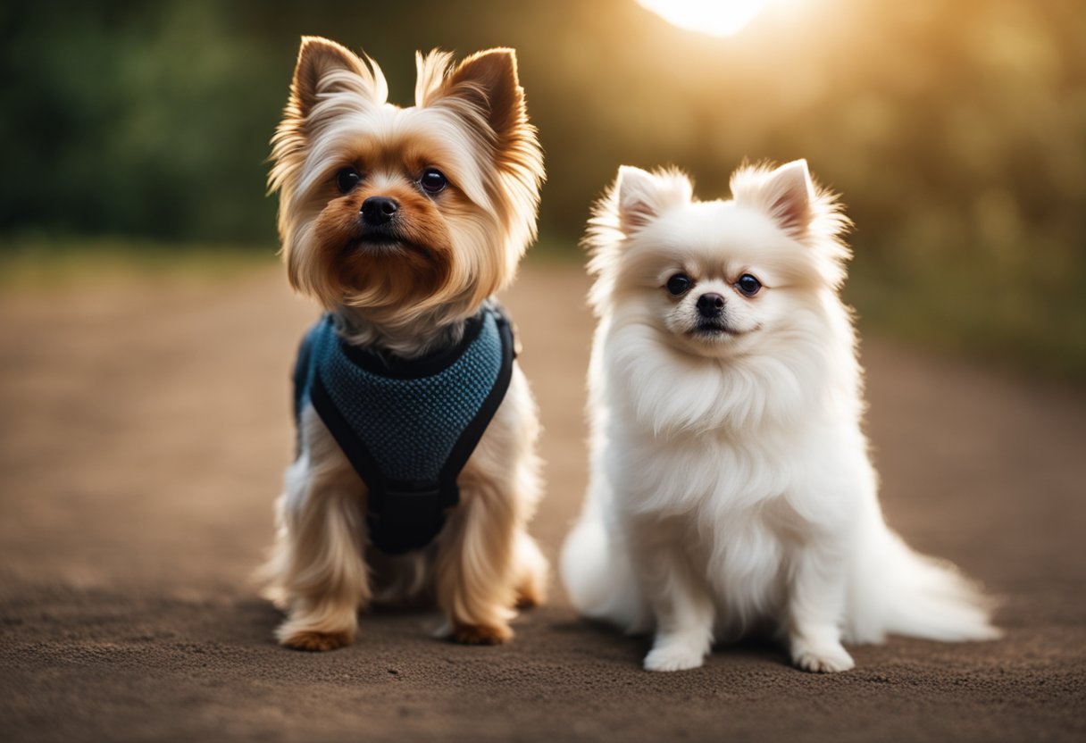 Two small dogs, a Yorkshire Terrier and a Pomeranian, stand side by side, showcasing their distinct physical characteristics