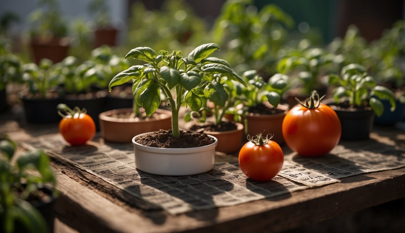 A tomato plant surrounded by a variety of fertilizers and a calendar indicating regular intervals for fertilization