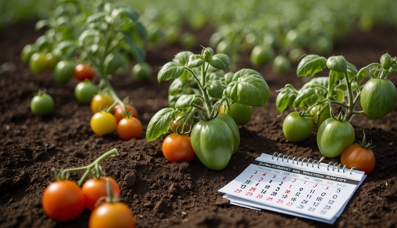 A tomato plant surrounded by fertilizer bags, with a calendar showing regular fertilization dates