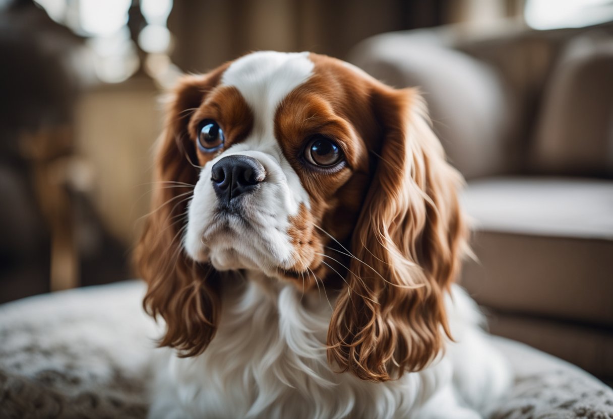 The king charles spaniel and cavalier breed origins depicted in a historic setting with regal decor and ornate furnishings