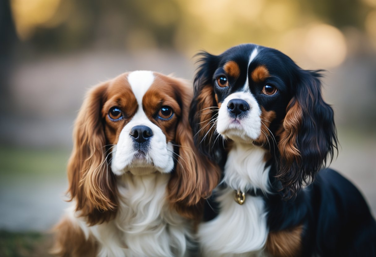 A King Charles Spaniel and a Cavalier stand side by side, both small, with long, silky ears and a gentle, friendly expression