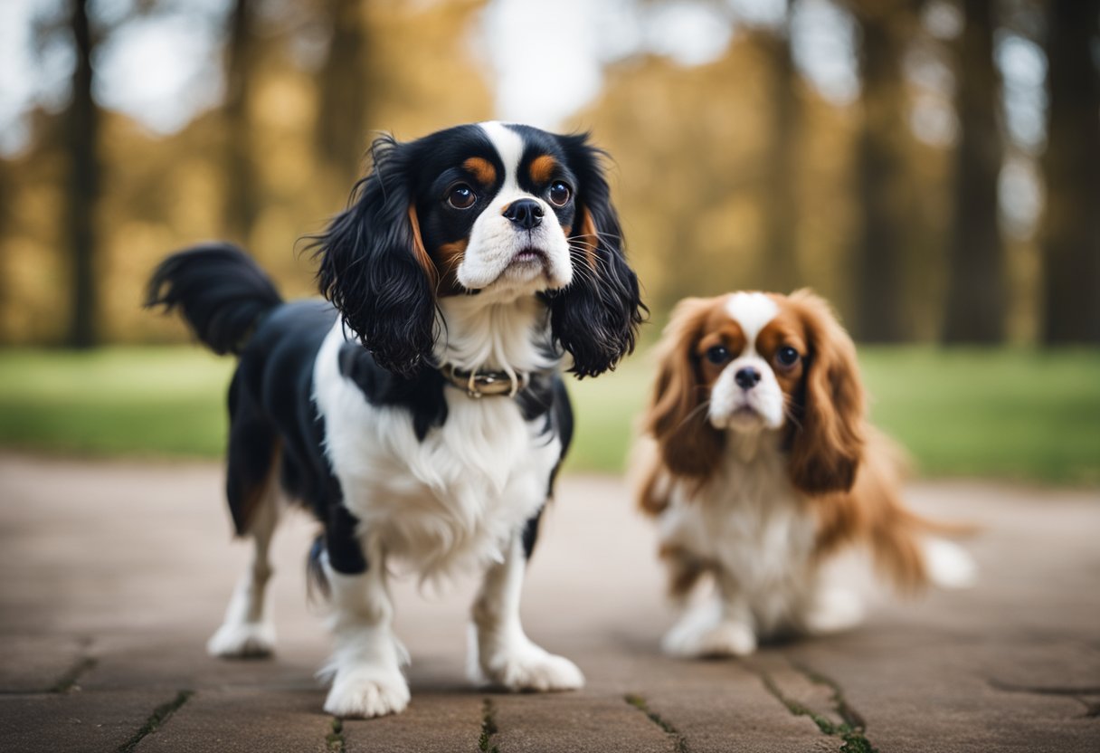 A King Charles spaniel sits obediently, while a lively Cavalier prances nearby. Their contrasting behaviors are evident in their body language