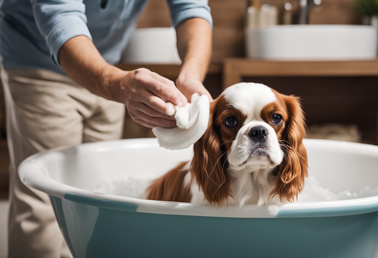 A King Charles Spaniel is being groomed and brushed by a person, while a Cavalier King Charles Spaniel is getting a bath in a tub