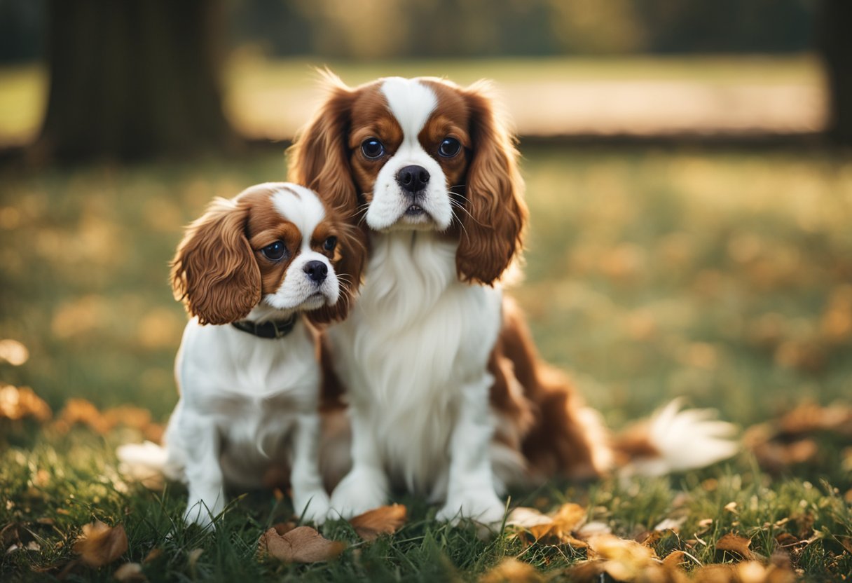 A King Charles Spaniel and Cavalier are engaged in training and socialization, interacting playfully in a park setting
