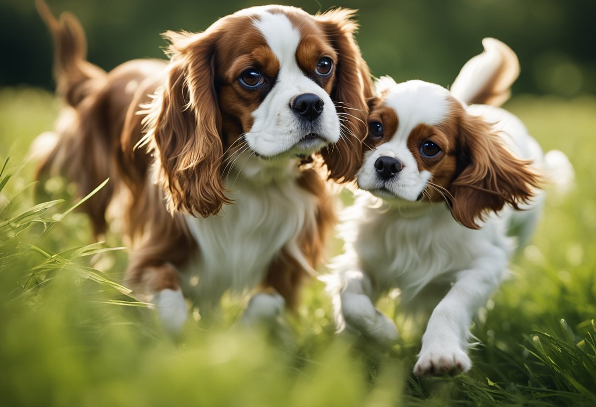A King Charles Spaniel and a Cavalier Spaniel playfully interact in a grassy meadow, their tails wagging and ears flopping as they chase each other