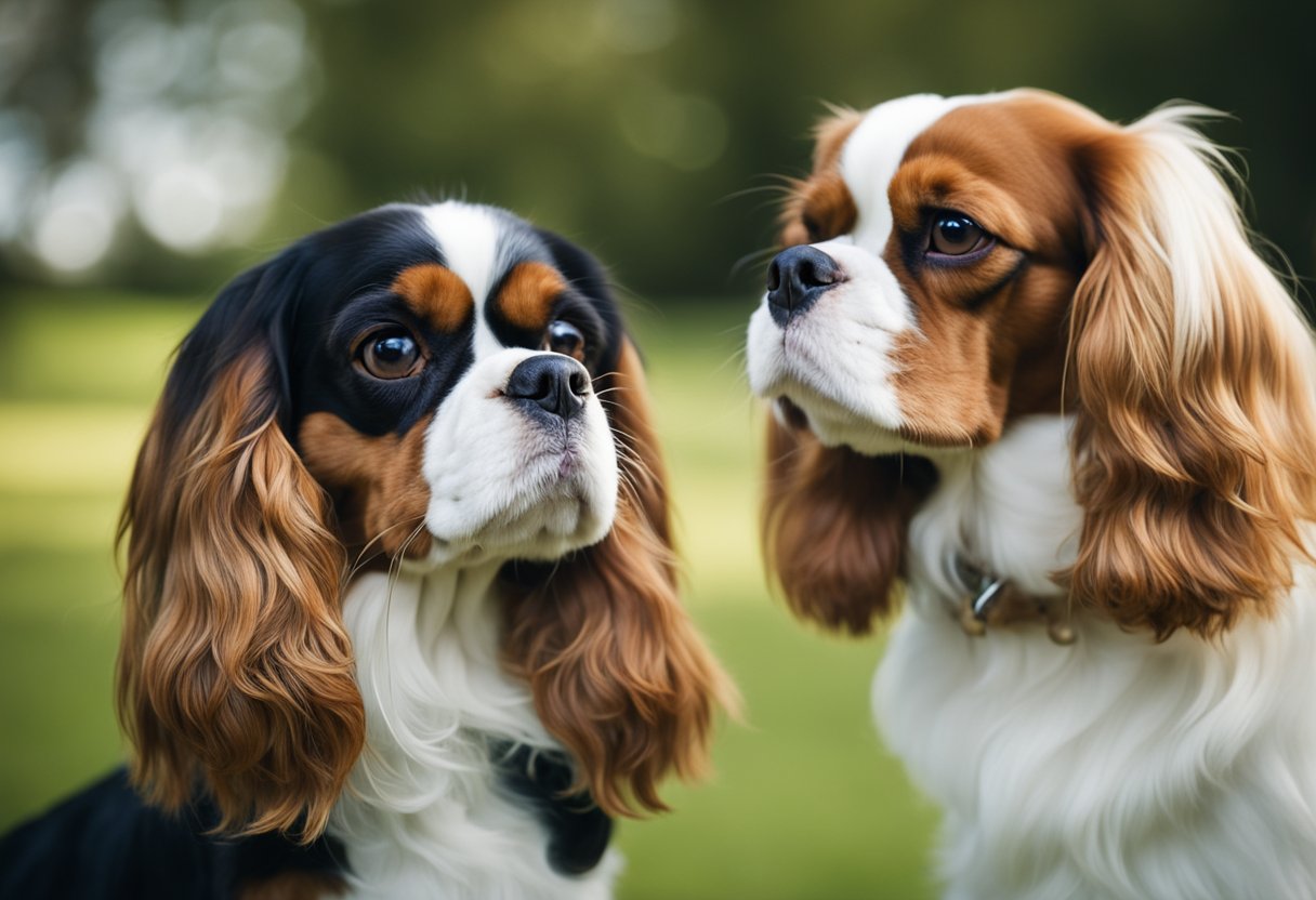 The regal King Charles Spaniel and elegant Cavalier stand side by side, symbolizing their historical and cultural impact. Their graceful presence evokes a sense of aristocracy and companionship