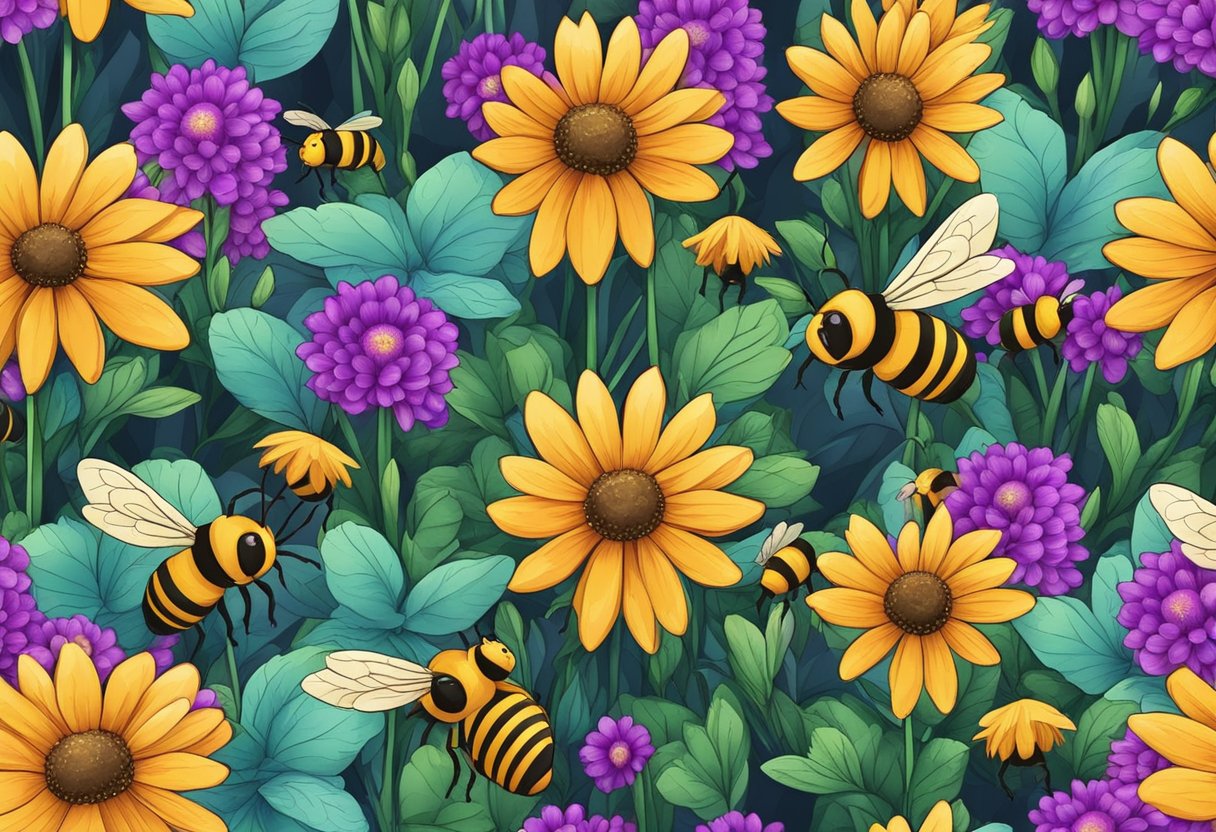 A vibrant garden with colorful flowers and buzzing bees