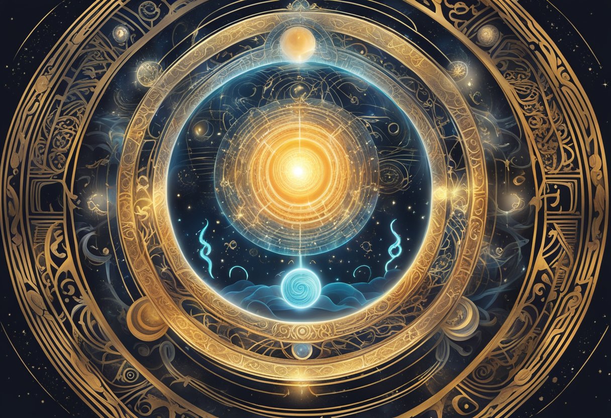 A glowing orb emerges from swirling energy, surrounded by ancient symbols and celestial patterns