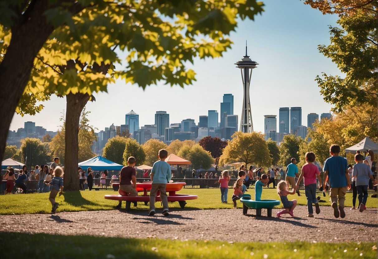 Children playing in a colorful playground with a view of the iconic Space Needle in the background, surrounded by families enjoying picnics and outdoor activities in a vibrant park setting