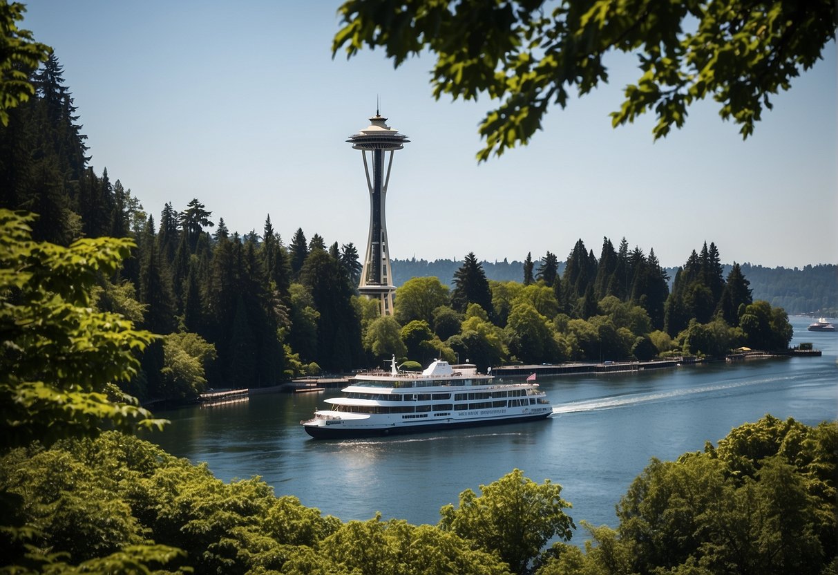 The Space Needle stands tall against a backdrop of lush green trees, with a ferry boat crossing the sparkling waters of Puget Sound