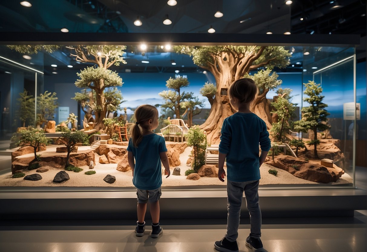 Children exploring interactive exhibits in a bright, spacious museum filled with hands-on learning activities and educational displays