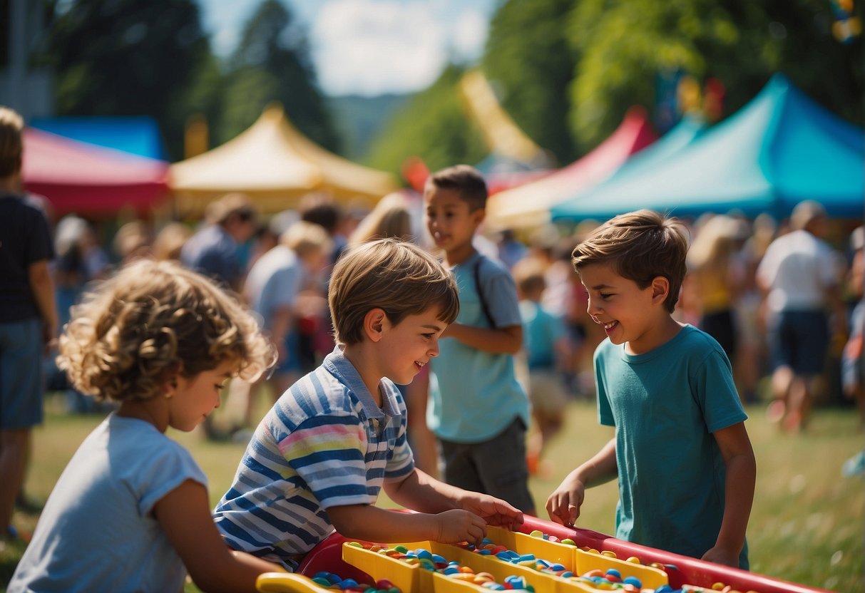 Children playing games at a summer festival in Seattle, with colorful decorations and food stalls in the background