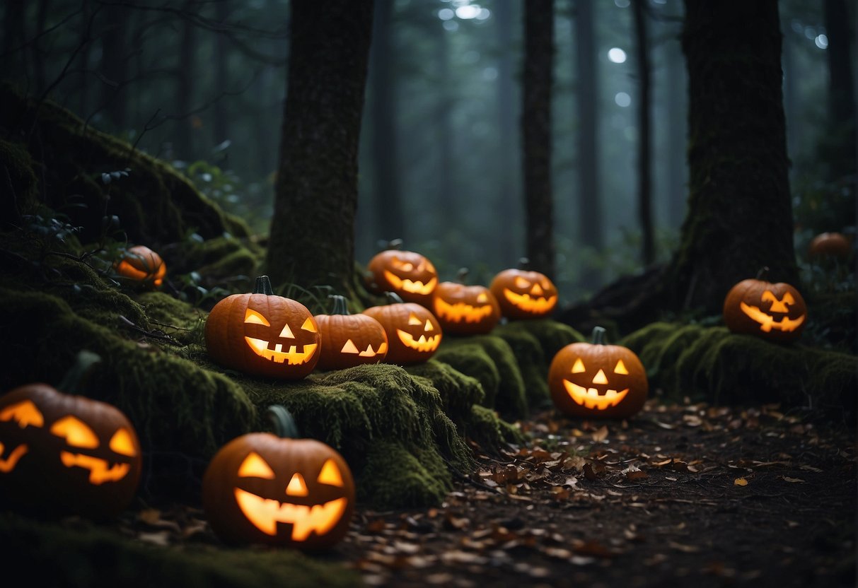 A spooky forest with glowing pumpkins and eerie creatures lurking in the shadows