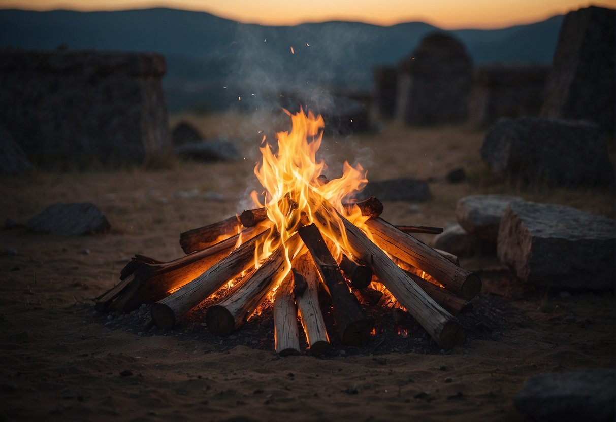 A bonfire blazes, illuminating ancient ruins and symbols of harvest