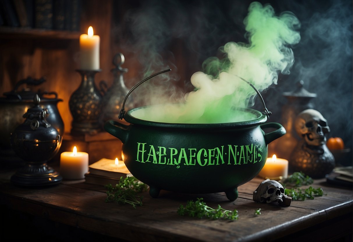 A cauldron bubbling with eerie green smoke, surrounded by spell books and potion ingredients, with a sign reading "Character-Inspired Names Halloween Names" hanging above