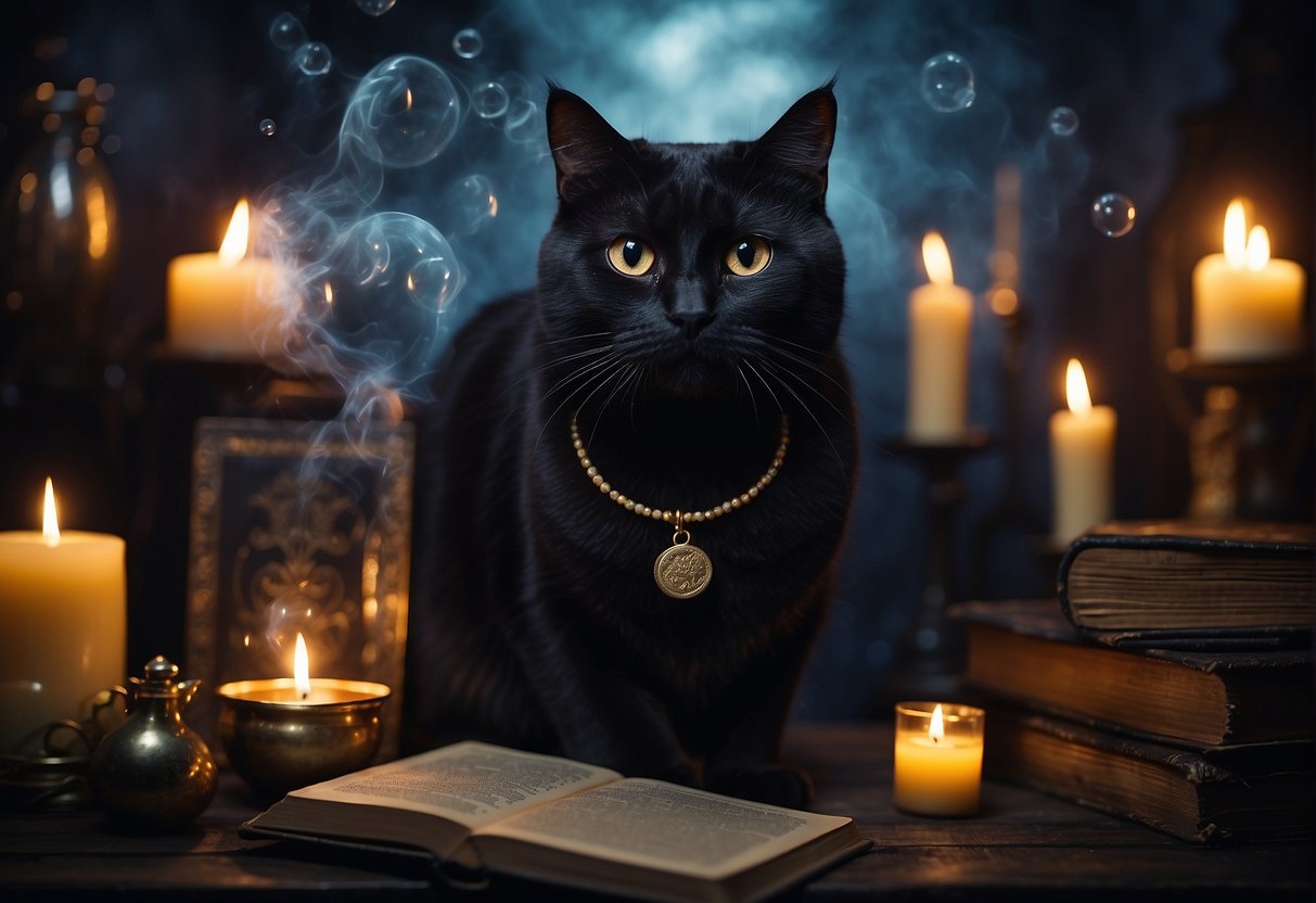 A cauldron bubbles with potion ingredients, while a black cat prowls among spell books and flickering candles. A ghostly figure hovers nearby, and a full moon illuminates the eerie scene