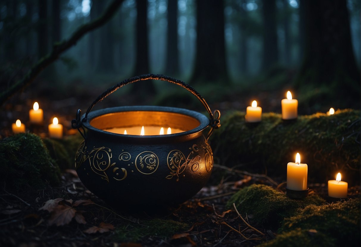 A dark, moonlit forest with eerie symbols carved into trees and glowing candles scattered around a mysterious cauldron