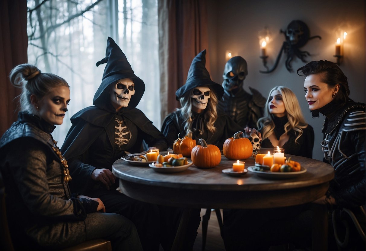 A group of people dressed in Halloween costumes gather around a table covered in spooky decorations, discussing the latest naming trends in fandom