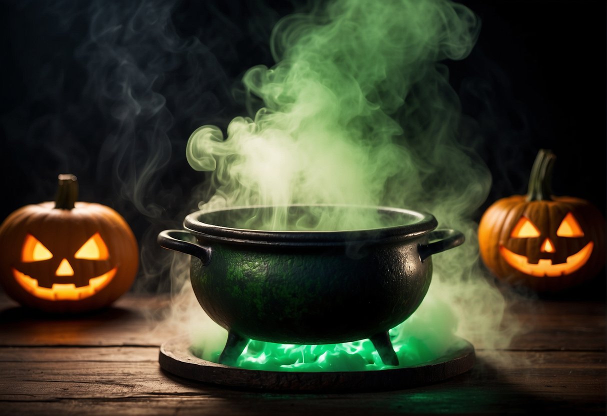 A cauldron bubbling with eerie green smoke, surrounded by glowing jack-o-lanterns and spooky shadows