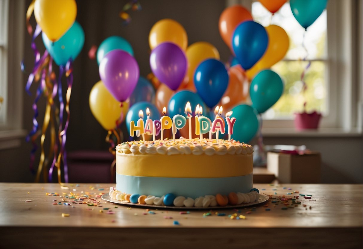 Colorful balloons, streamers, and confetti cover a table with a birthday cake and presents. A banner reads "Happy Birthday" as the sun shines through the window