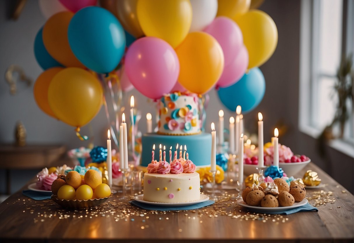 A table set with colorful balloons, a cake with lit candles, and wrapped presents. Streamers and confetti decorate the room, creating a festive atmosphere for a birthday surprise