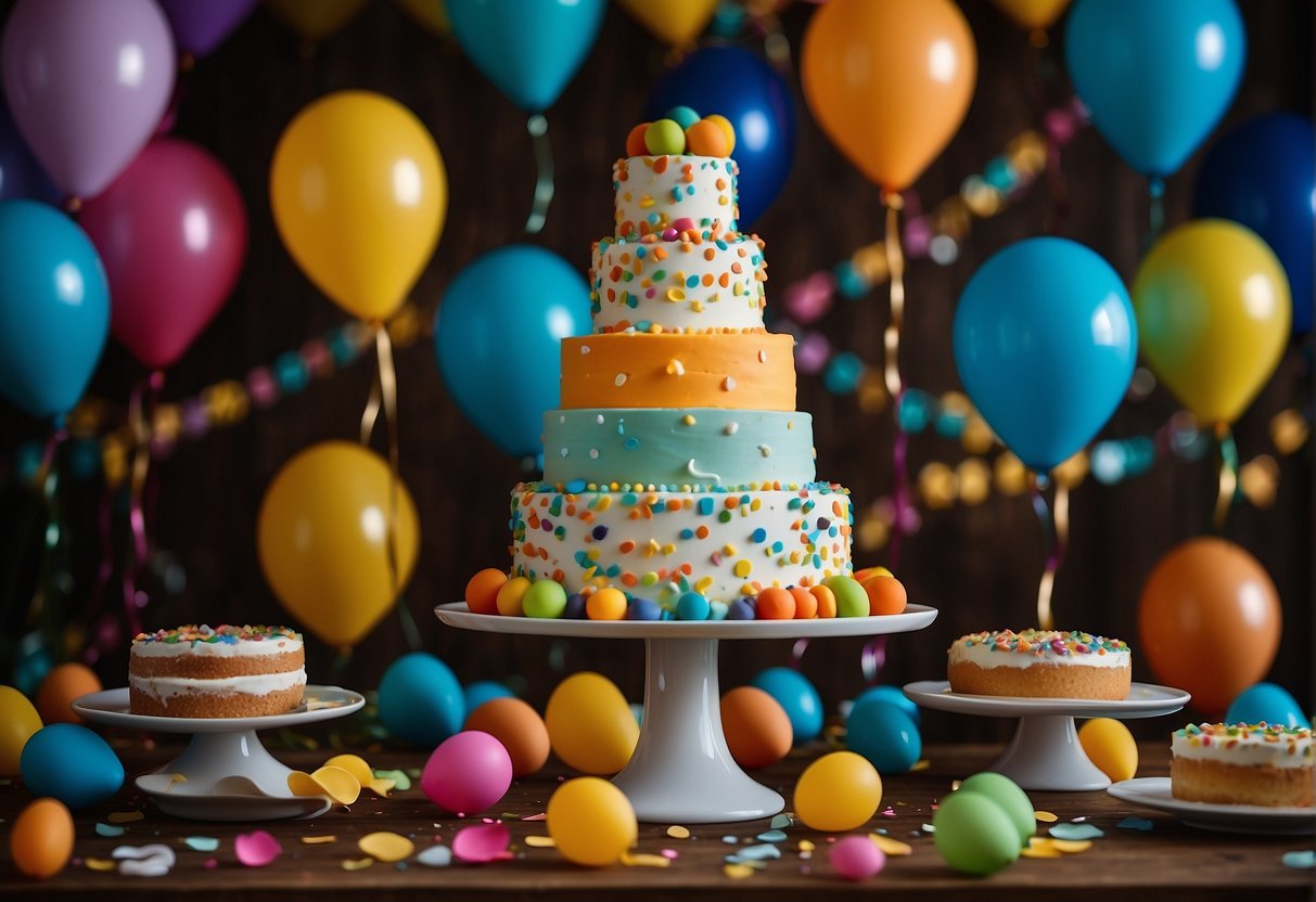 A colorful array of uniquely shaped and decorated cakes arranged on a tiered display stand, surrounded by vibrant balloons and confetti