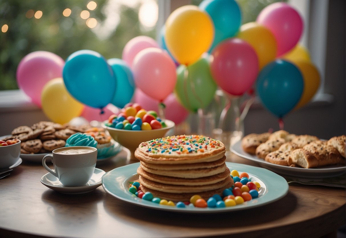 Colorful balloons and streamers decorate a breakfast table with a personalized birthday message on a card. A tray of delicious treats and a wrapped present complete the surprise scene