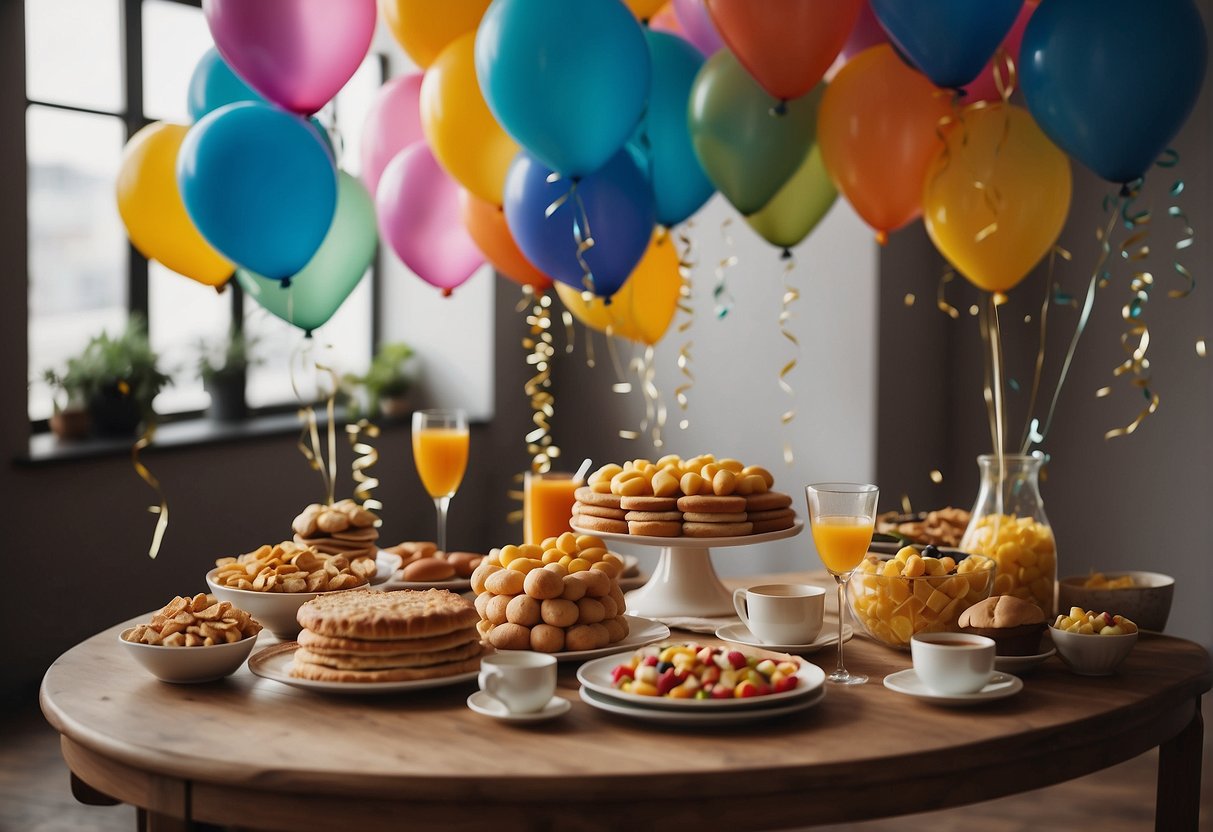 Colorful balloons, streamers, and confetti fill the room. A table is adorned with a delicious breakfast spread. A stack of presents sits waiting to be opened