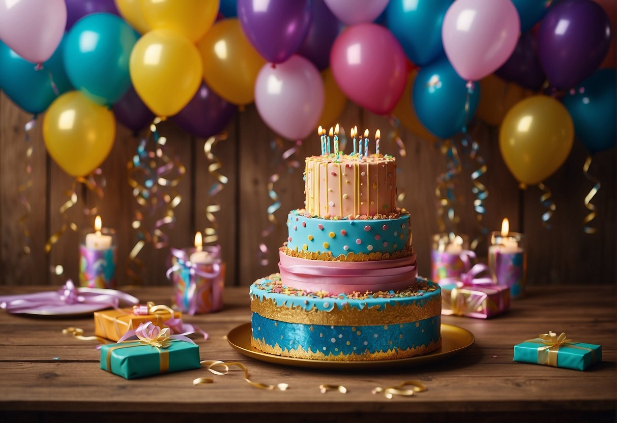 Colorful wrapping paper adorns a table with gifts and balloons. A birthday cake sits in the center, surrounded by streamers and confetti