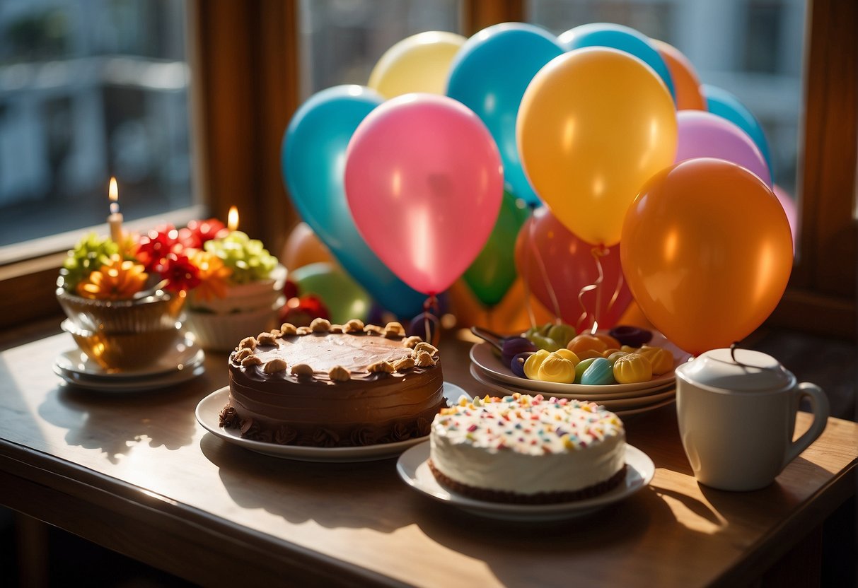 A table set with colorful balloons, a cake, and musical instruments. Sunlight streams through the window, casting a warm glow on the scene