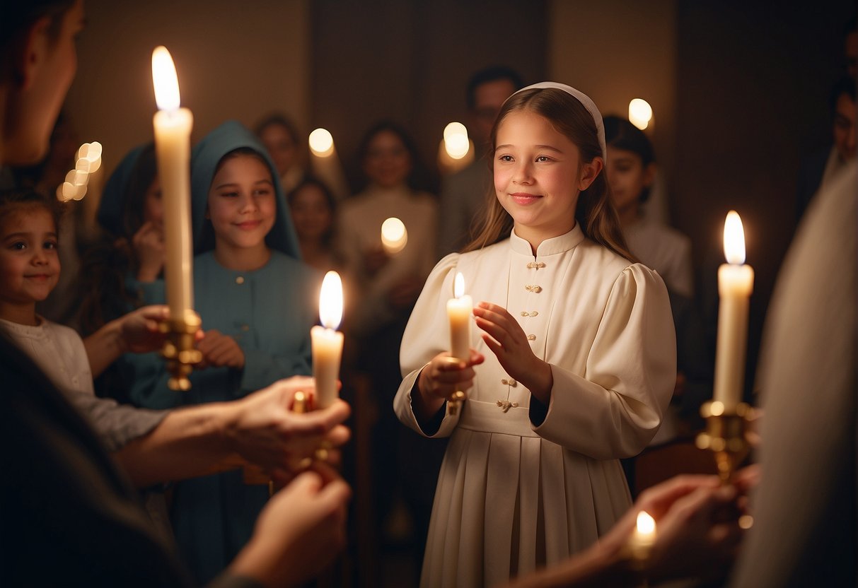 A young girl holding a candle, surrounded by family and a priest, receiving her confirmation name with a sense of reverence and joy