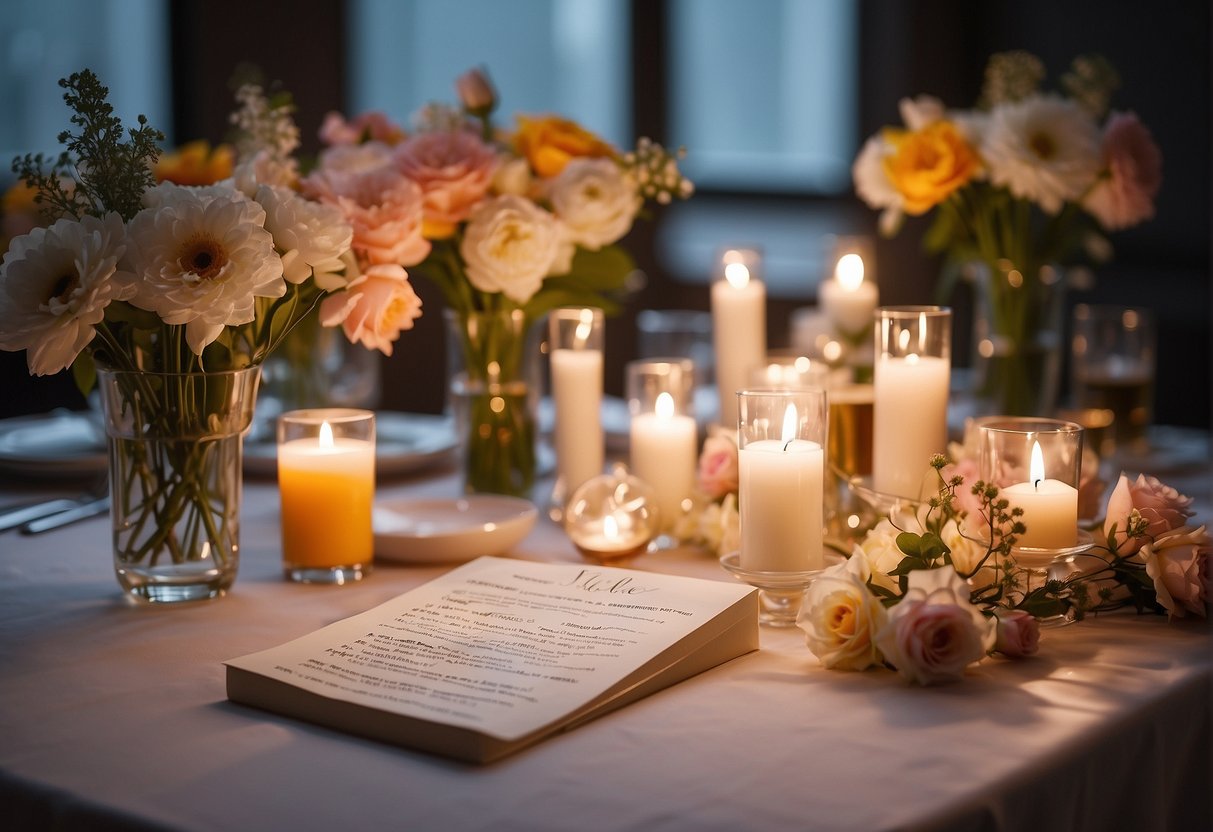 A table adorned with a list of popular confirmation names for girls, surrounded by colorful flowers and candles