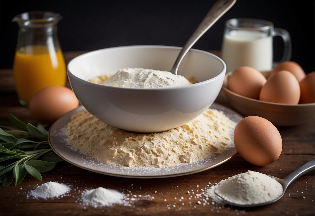 A mixing bowl with flour, sugar, and eggs. A recipe book open to "Simple Confirmation Cake." A measuring cup and spoon on the counter