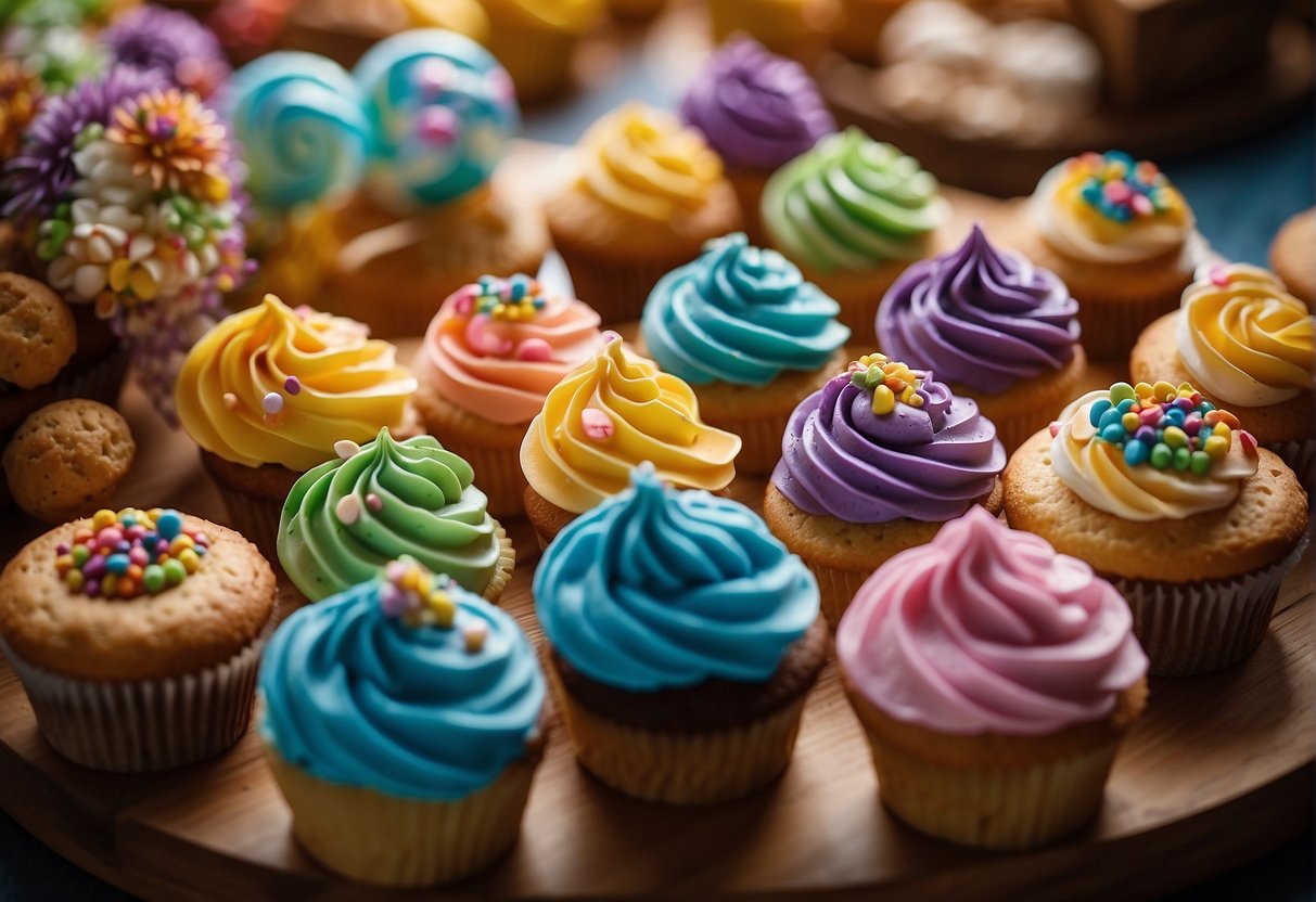 Colorful array of unique baked goods displayed on a table, including creative treats like unicorn cupcakes, galaxy cookies, and rainbow swirl cake pops