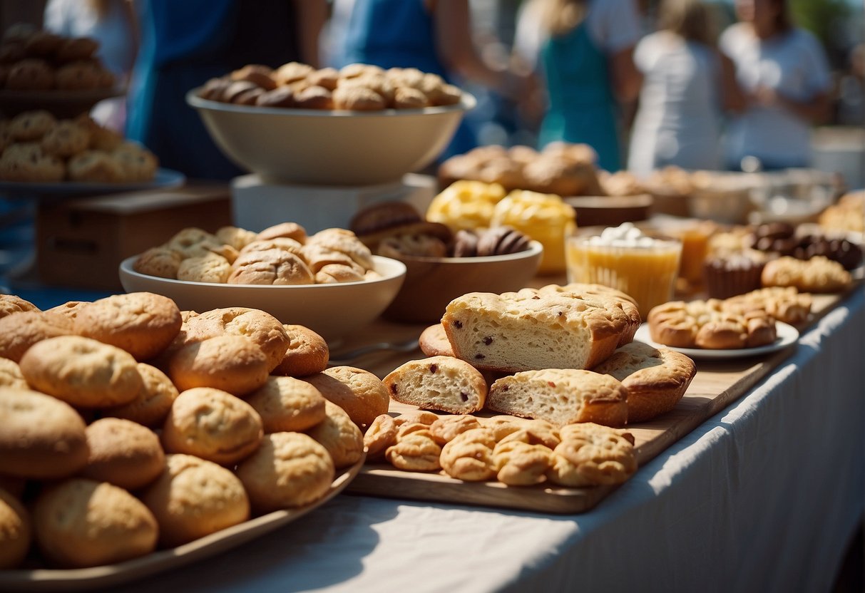 A table filled with freshly baked goods, colorful signs promoting the bake sale, and a line of eager customers waiting to make their purchases