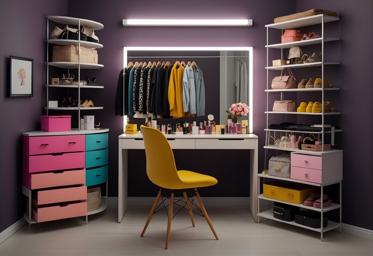 A colorful wardrobe with accessories, makeup, and hair styling tools displayed on a vanity table. A virtual closet with various clothing options and a character customization menu on a screen