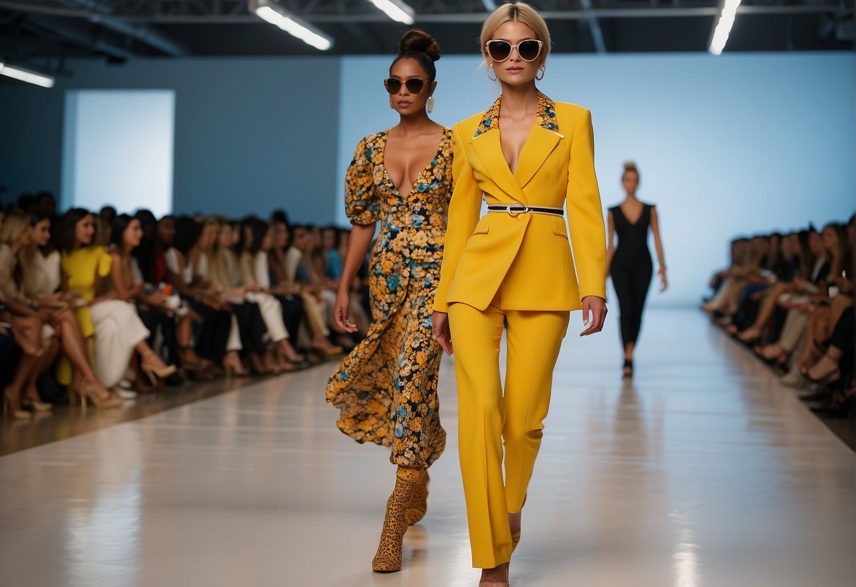 A vibrant runway with diverse fashion styles, bold colors, and playful accessories. Models strut confidently, showcasing their unique ensembles to an enthusiastic audience