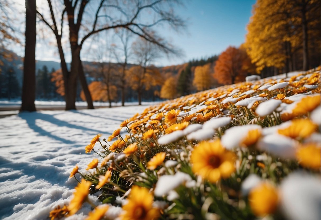 A fashionista game set in a changing season backdrop: vibrant flowers in spring, sunny beach in summer, colorful leaves in autumn, and snow-covered trees in winter