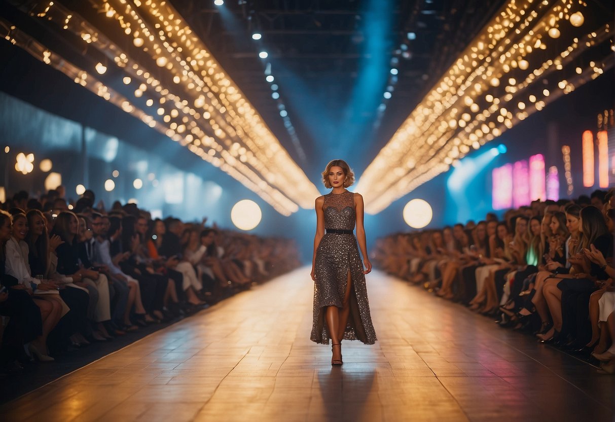 A vibrant runway with colorful lights and a catwalk, surrounded by cheering spectators and fashion-themed decorations