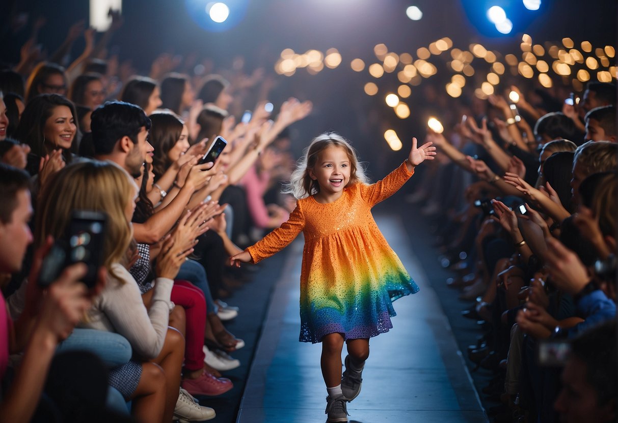 A runway with colorful lights and a crowd of cheering kids at a fashion show