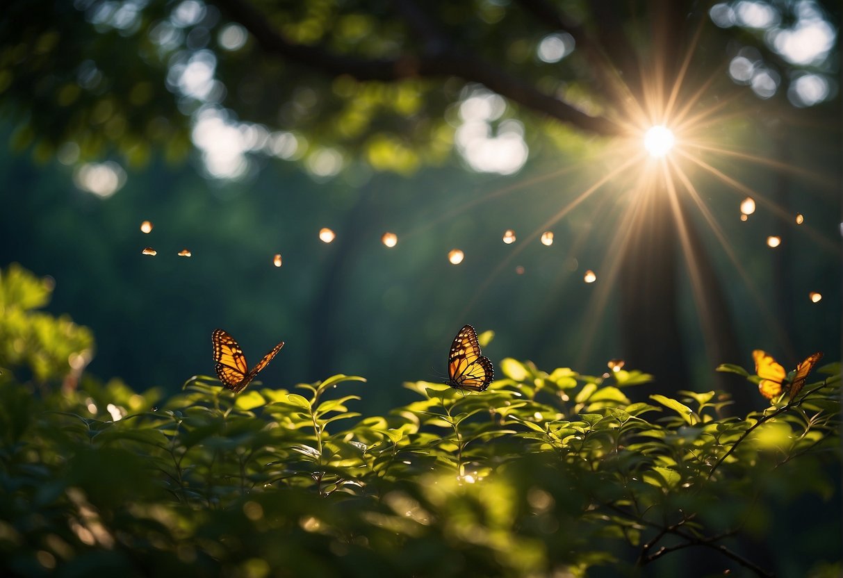 Sunlight filters through the dense canopy, casting a warm glow on the vibrant flora. Sparkling fireflies dance among the ancient trees, and colorful butterflies flit about. The air is filled with the enchanting sounds of nature