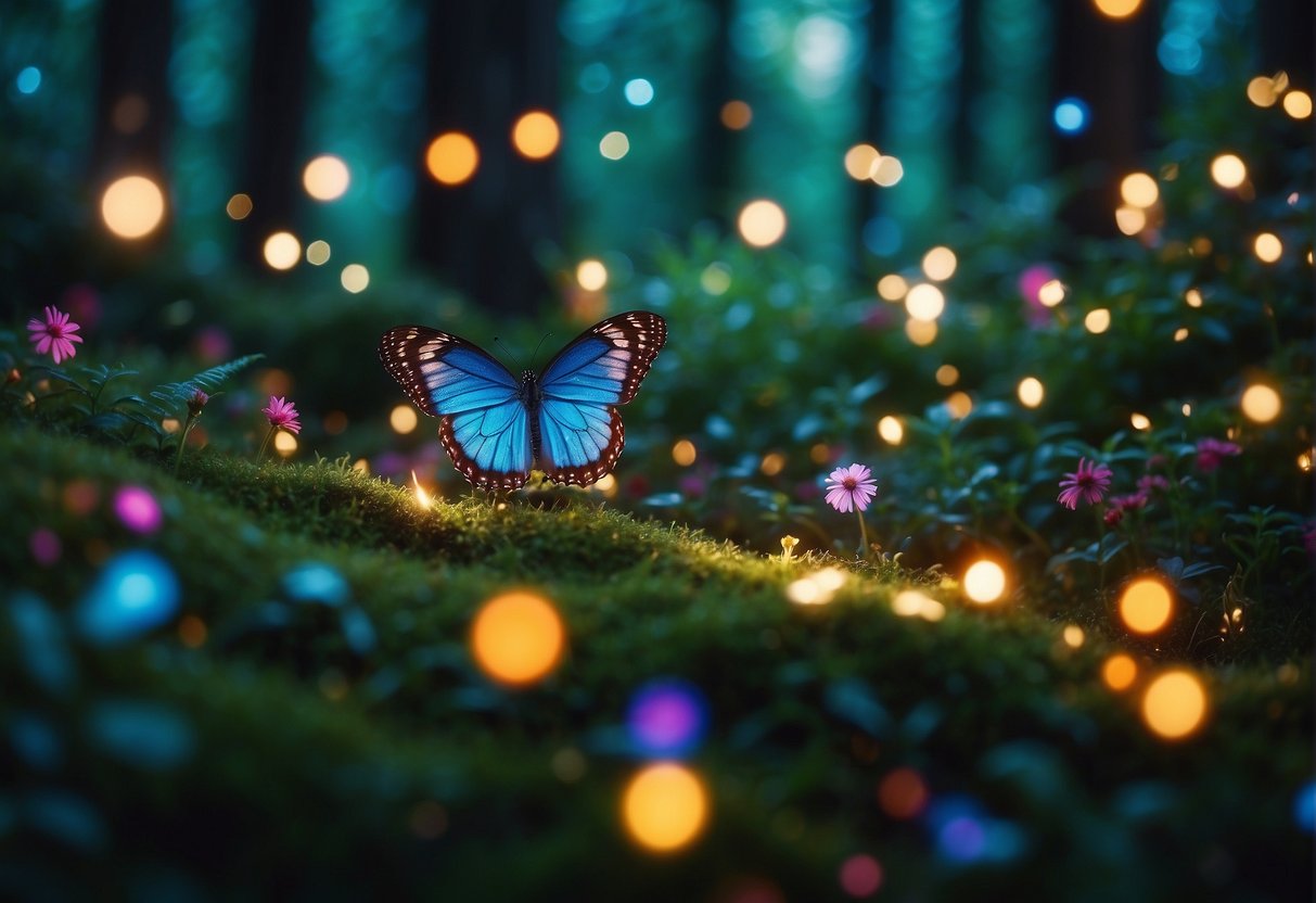 A lush, vibrant forest filled with towering trees, sparkling fairy lights, and whimsical creatures. A sense of enchantment and wonder fills the air, with colorful flowers, mystical creatures, and twinkling lights creating a magical atmosphere